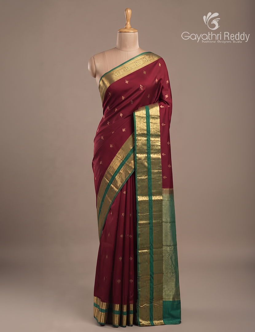 Semi Kanchipuram Silk Saree in Deep Maroon and Deep Rama Green