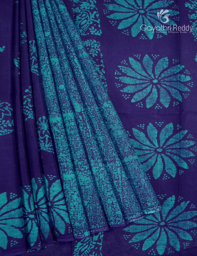 Cotton Batik Print Saree in Violet and Sky Blue