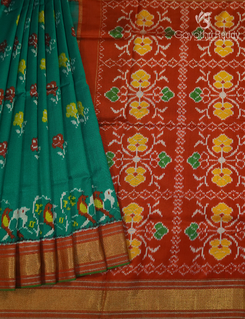 Pure Ikat Silk Saree in Rama Green and Brick Red