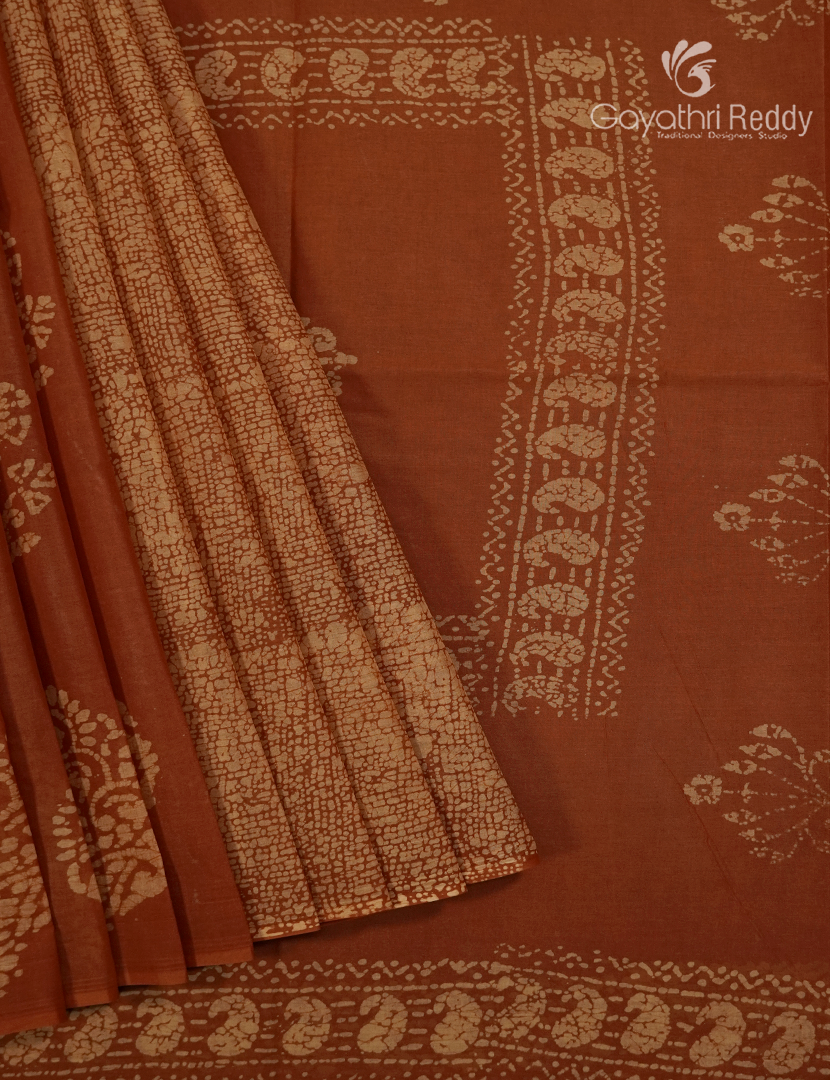 Cotton Batik Print Saree in Terracota and Beige