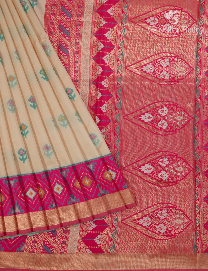 Semi Kanchipuram Art Silk Saree in Ivory and Rani Pink