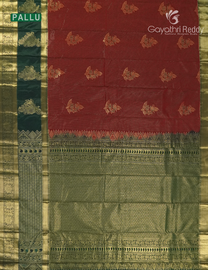 Semi Kanchipuram Silk Saree in Deep Maroon and Bottle Green