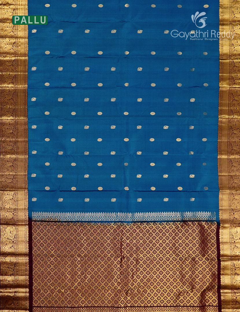 Pure Kanchipuram Silk Saree in Deep Peacock Blue and Deep Burgundy (Medium Borders )