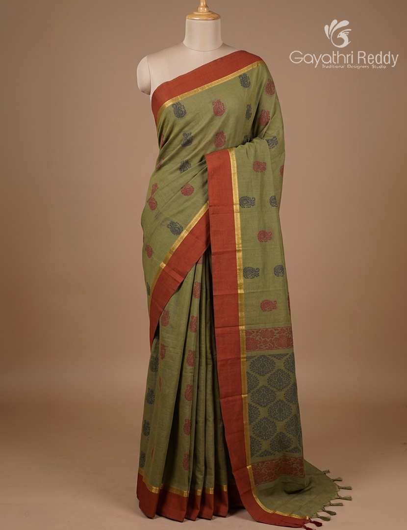 Pure Kanchi Cotton Saree in Deep Olive Grey