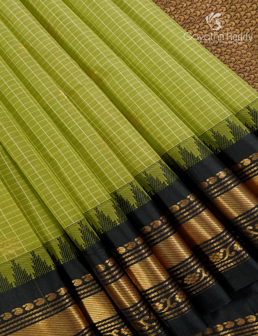 Pure Gadwal Cotton Saree in Apple Green and Deep Brown