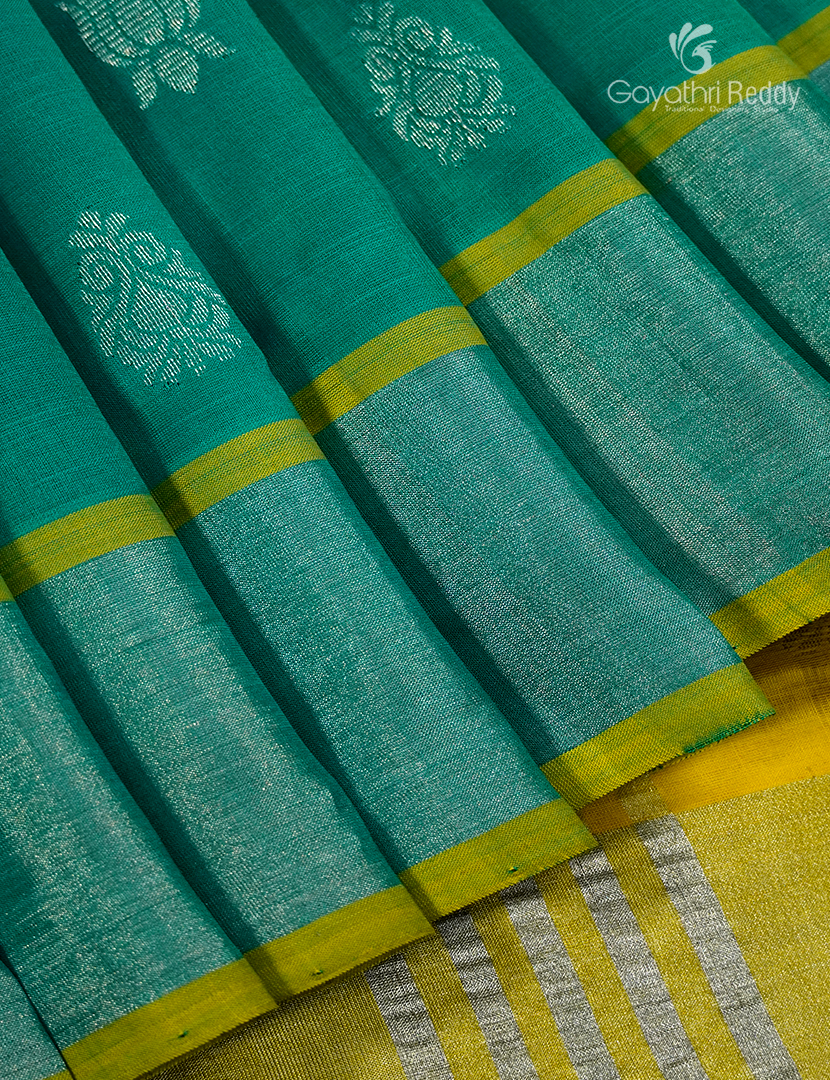 Pure Arani Sico Saree in Sea green and Lime yellow