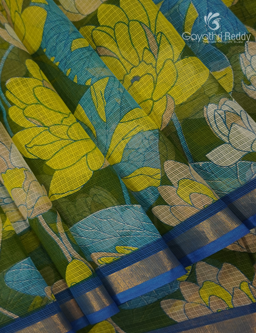 Premium Quality Cotton Kota Saree in Mehendi Green and Blue