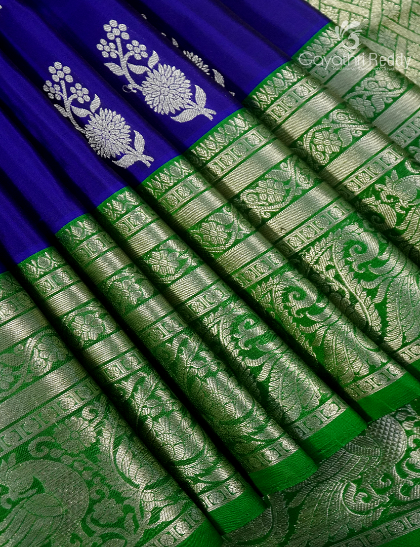Pure Venkatagiri Silk Saree in Deep Blue and Green