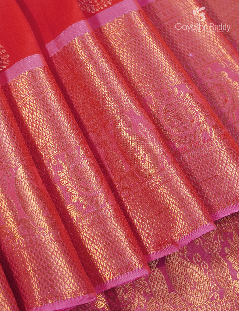 Pure Kanchipuram Silk Saree in Orange and Baby Pink