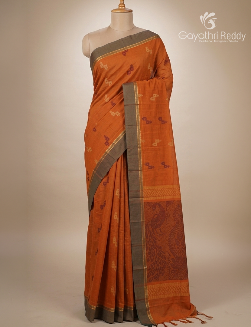 Pure Kanchi Cotton Saree in Rust Orange