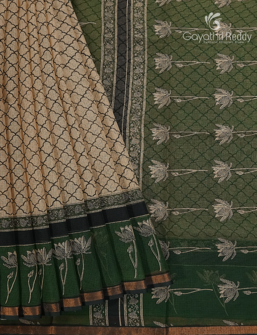 Premium Quality Cotton Kota Saree in Beige and Deep Moss Green