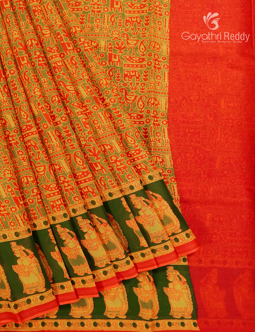 Pure MulMul Cotton Saree in Mehendi Green and Orange