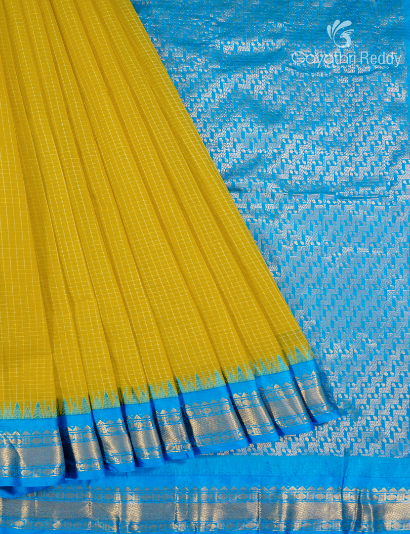 Pure Gadwal Cotton Saree in Lime Yellow and Sky Blue