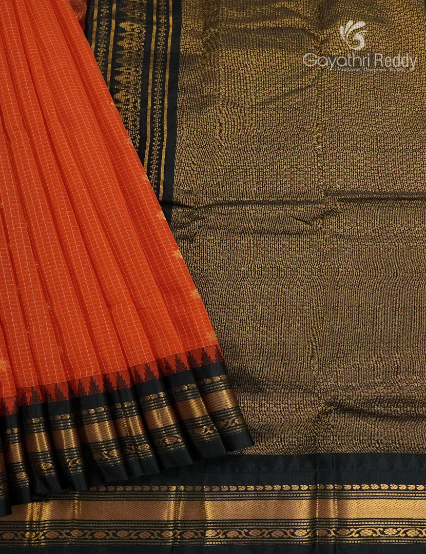Pure Gadwal Cotton Saree in Orange and Black