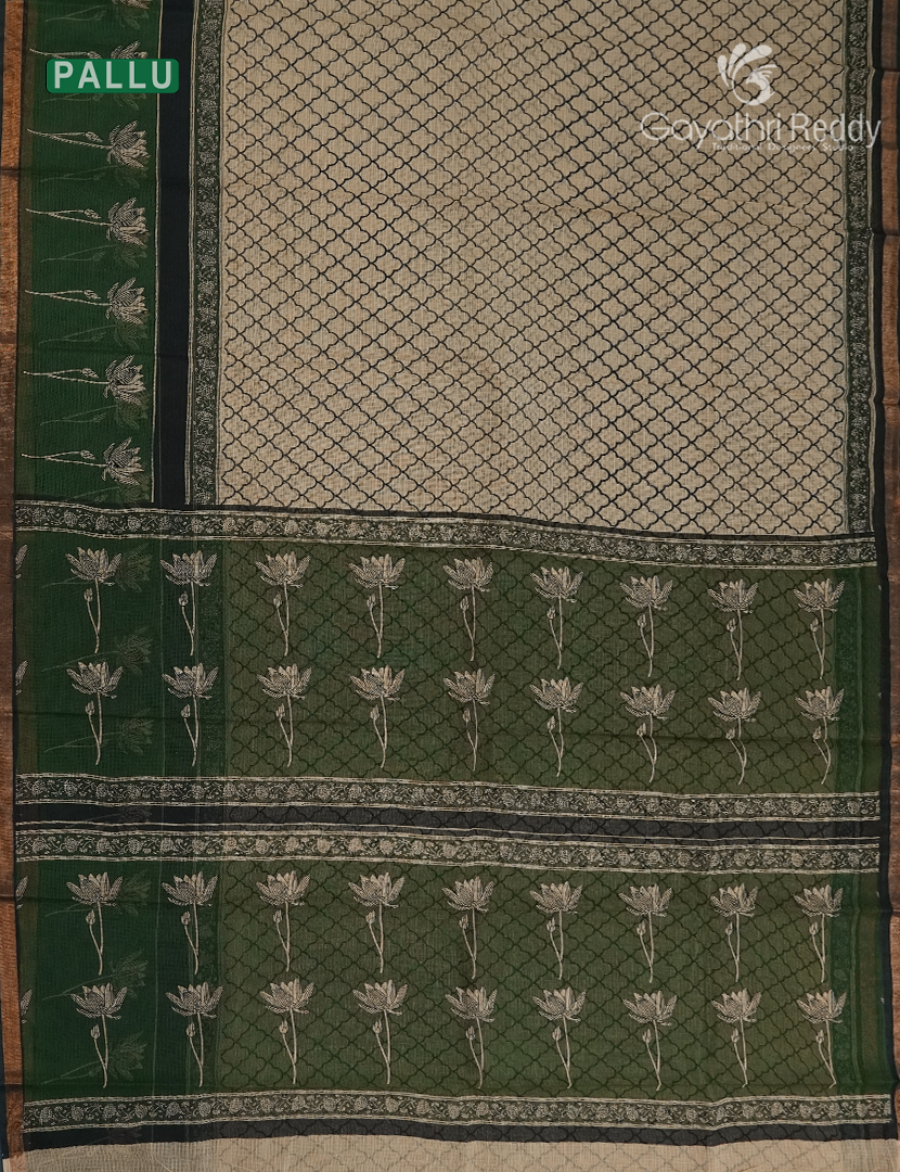 Premium Quality Cotton Kota Saree in Beige and Deep Moss Green