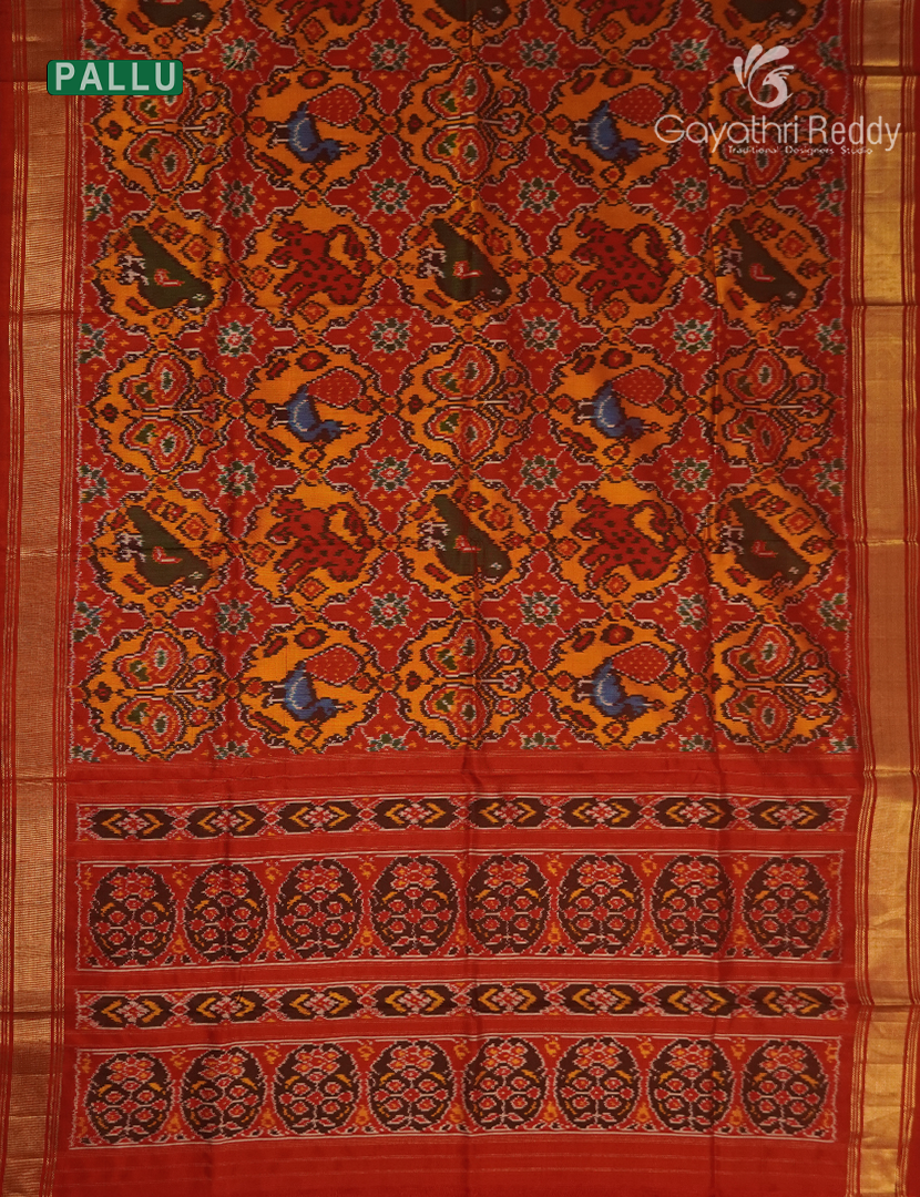 Pure Ikat Silk Saree in Orange and Red