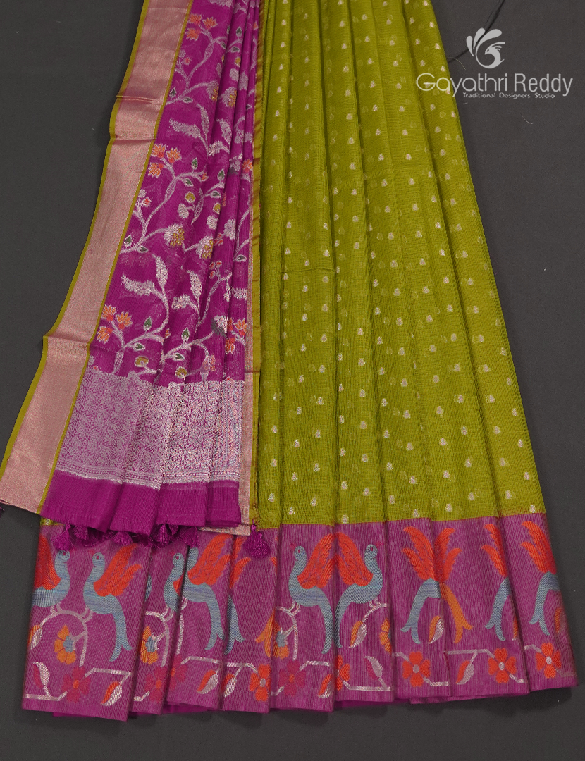 Banaras Kota Lehanga Set in Parrot Green and Rani Pink