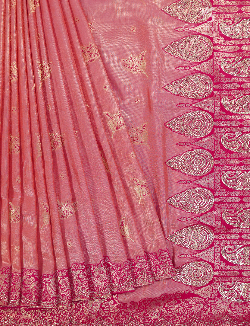 Semi Kanchipuram Silk Fancy Saree in Peach Pink and Rani Pink