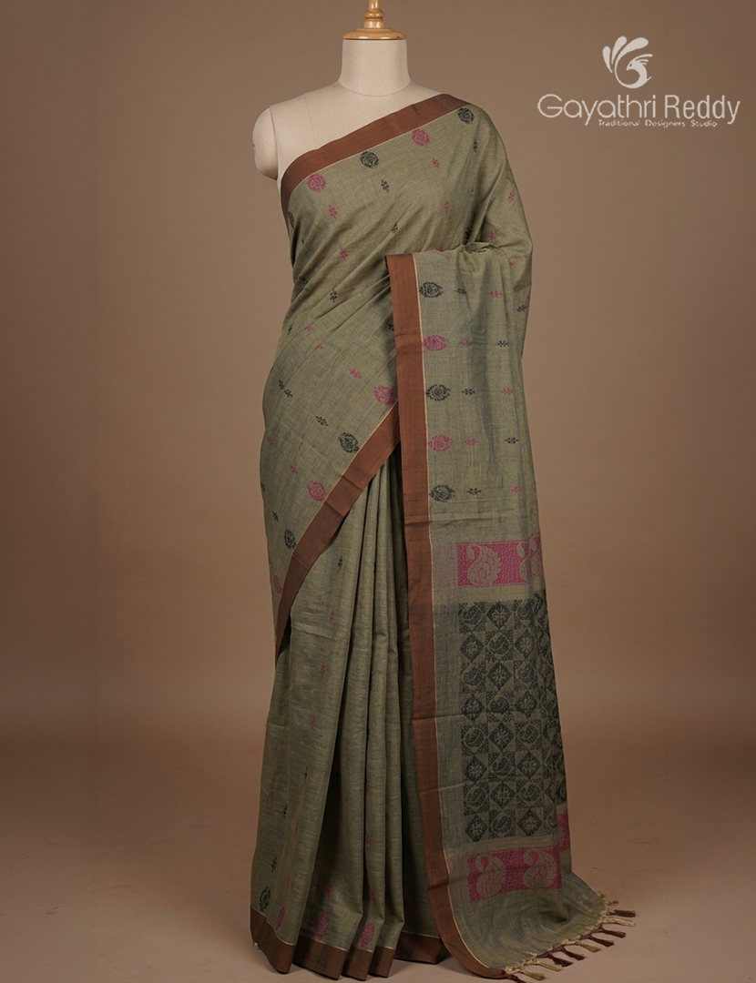 Pure Kanchi Cotton Saree in Deep Olive Grey
