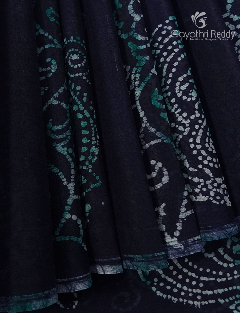 Cotton Batik Print Saree in Deep Navy Blue