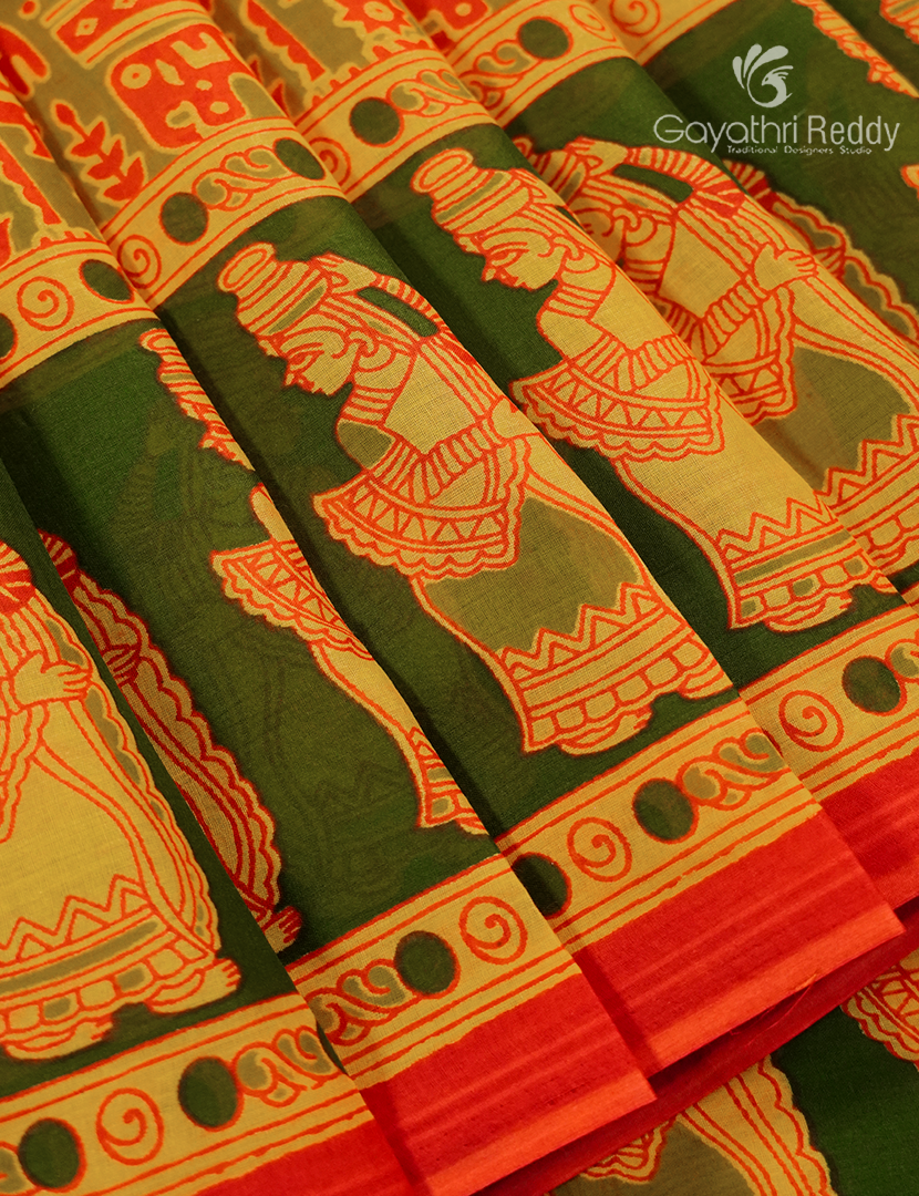 Pure MulMul Cotton Saree in Mehendi Green and Orange
