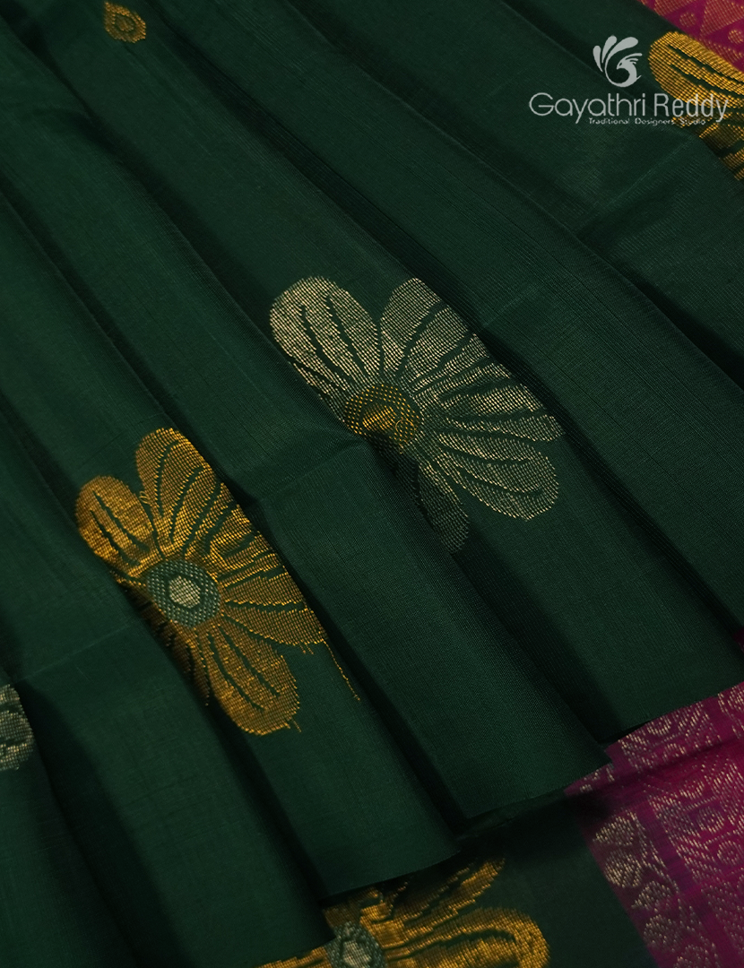 Pure Uppada Silk Saree in Bottle Green and Rani Pink