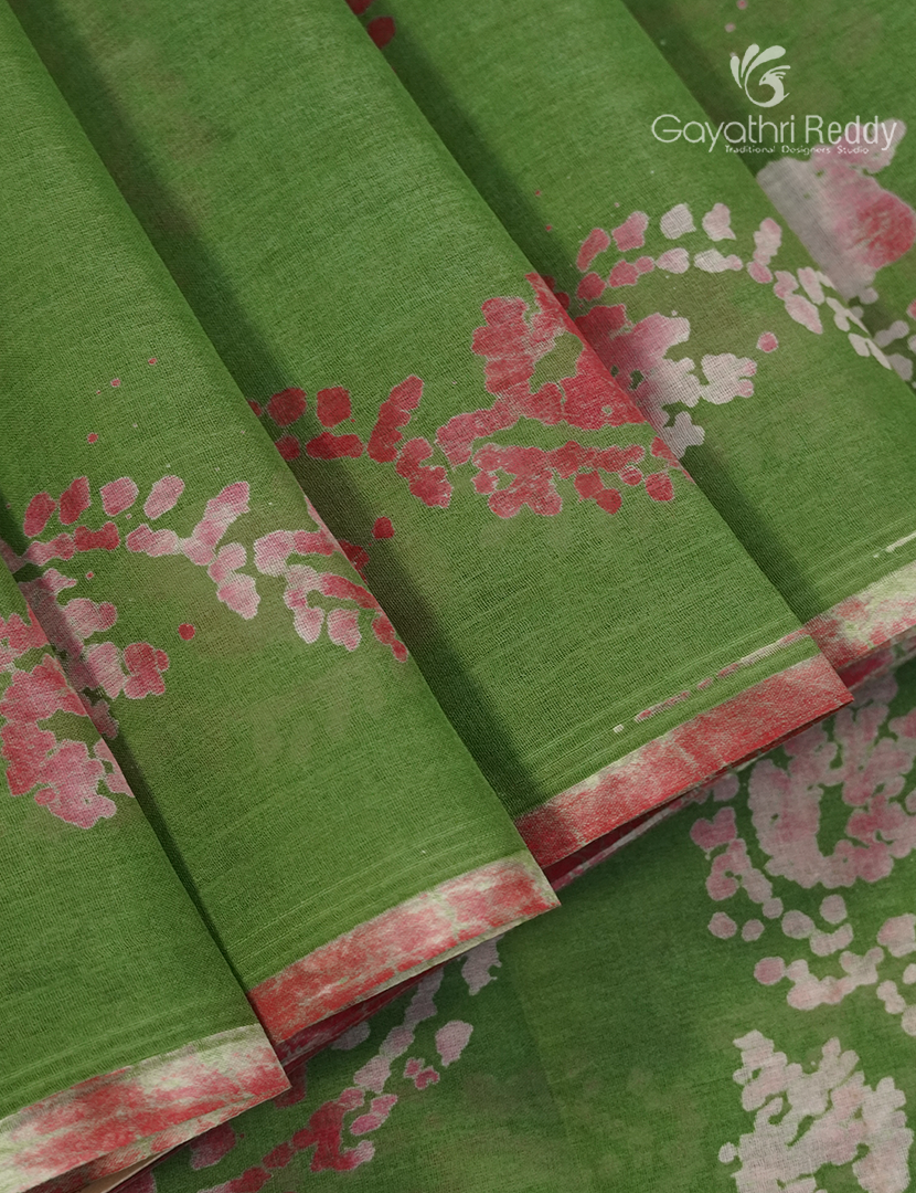 Cotton Batik Print Saree in Mehendi Green