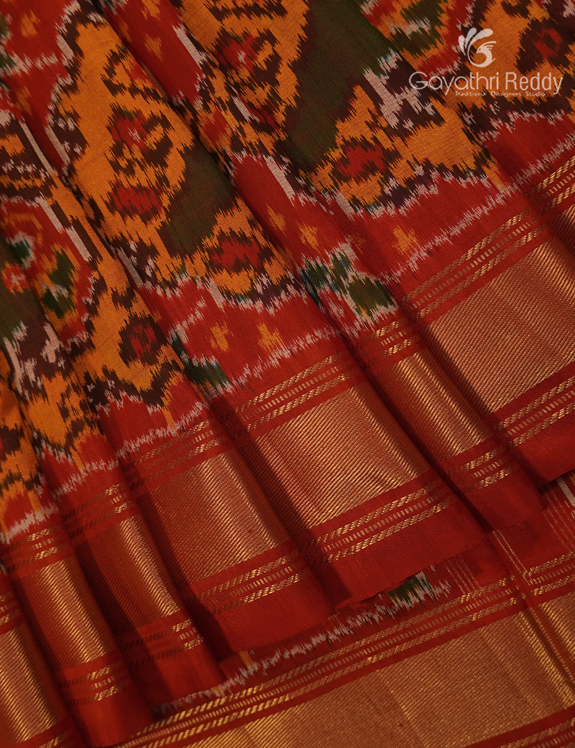 Pure Ikat Silk Saree in Orange and Red