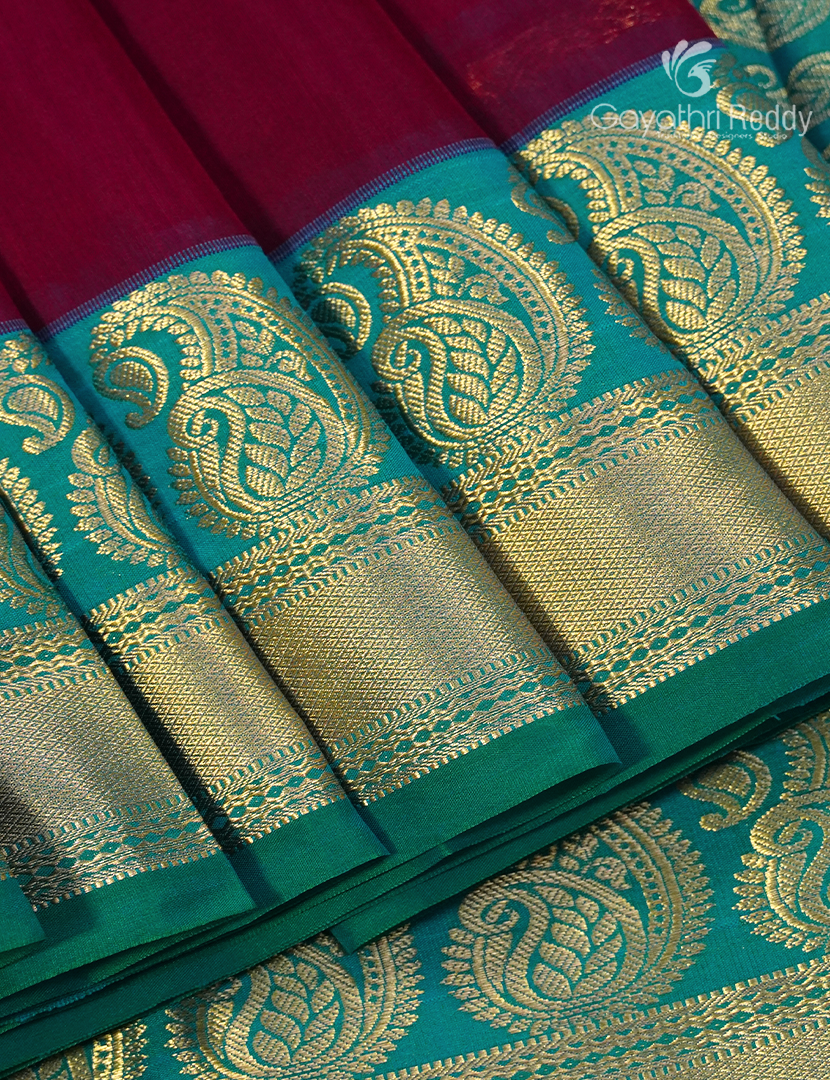 Pure Kanchi Sico Saree in Deep Maroon and Sea Blue