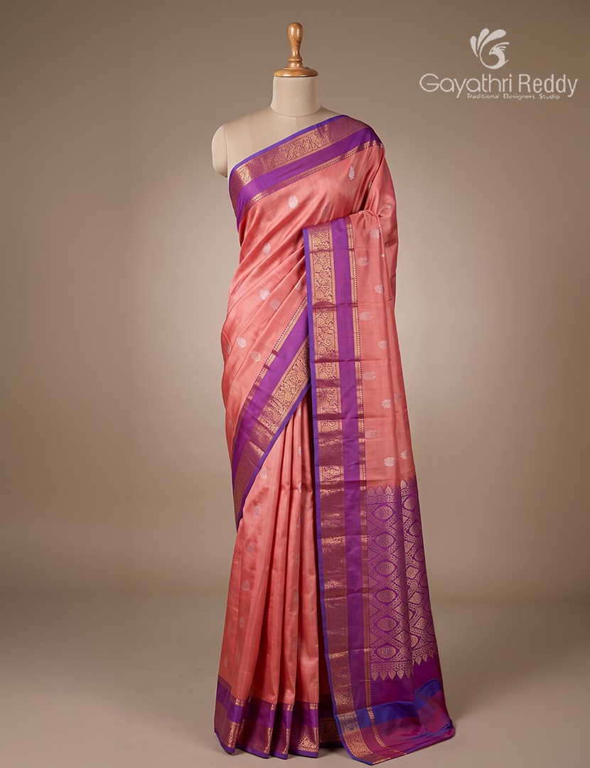 Pure Kanchipuram Silk Saree in Peach and Magenta