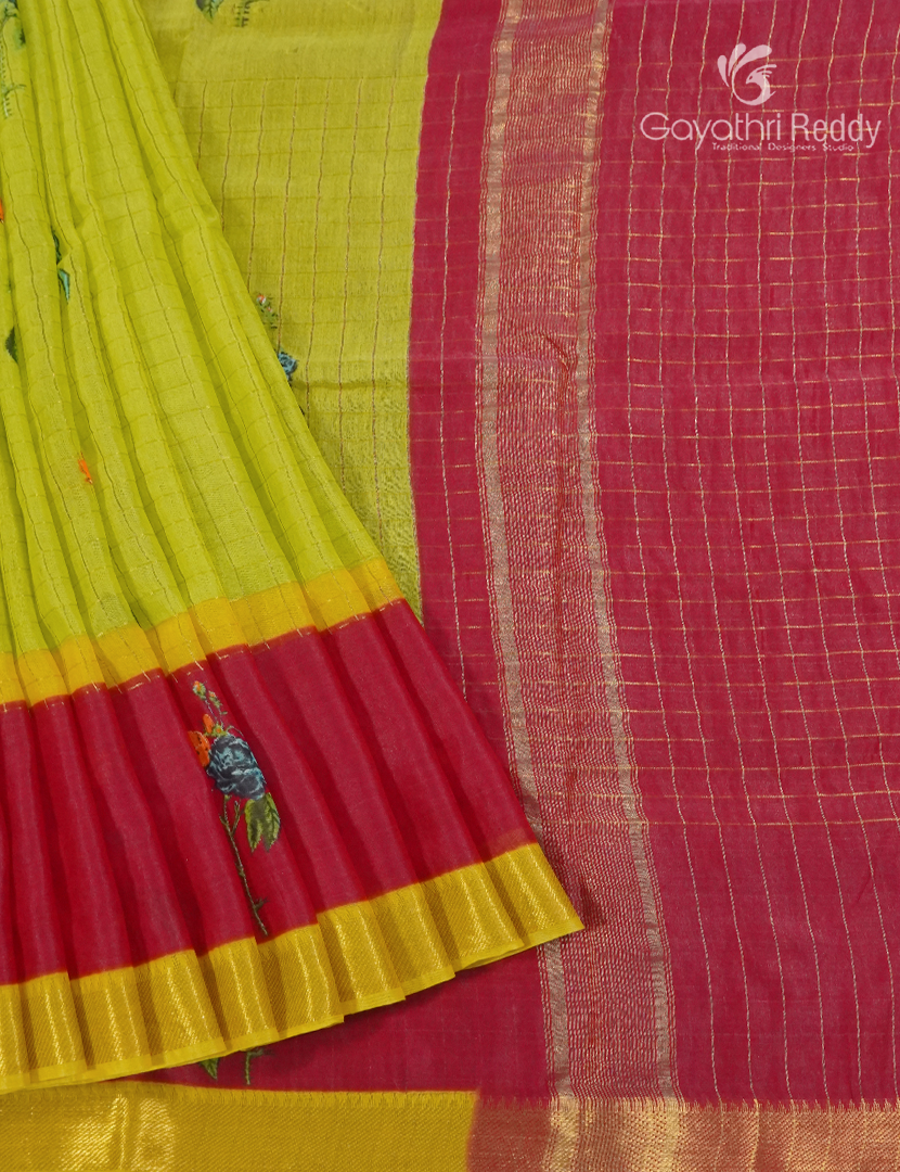 Mangalgiri Printed Saree in Parrot Green and Rani Pink