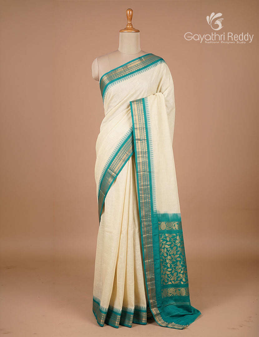 Pure Gadwal Cotton Saree in Light Beige and Deep Rama Green