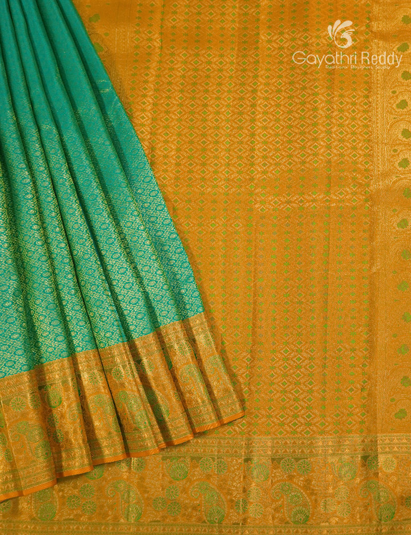 Pure Kanchipuram Bridal Silk Saree in Sea Green and Golden Yellow ( Brocade )