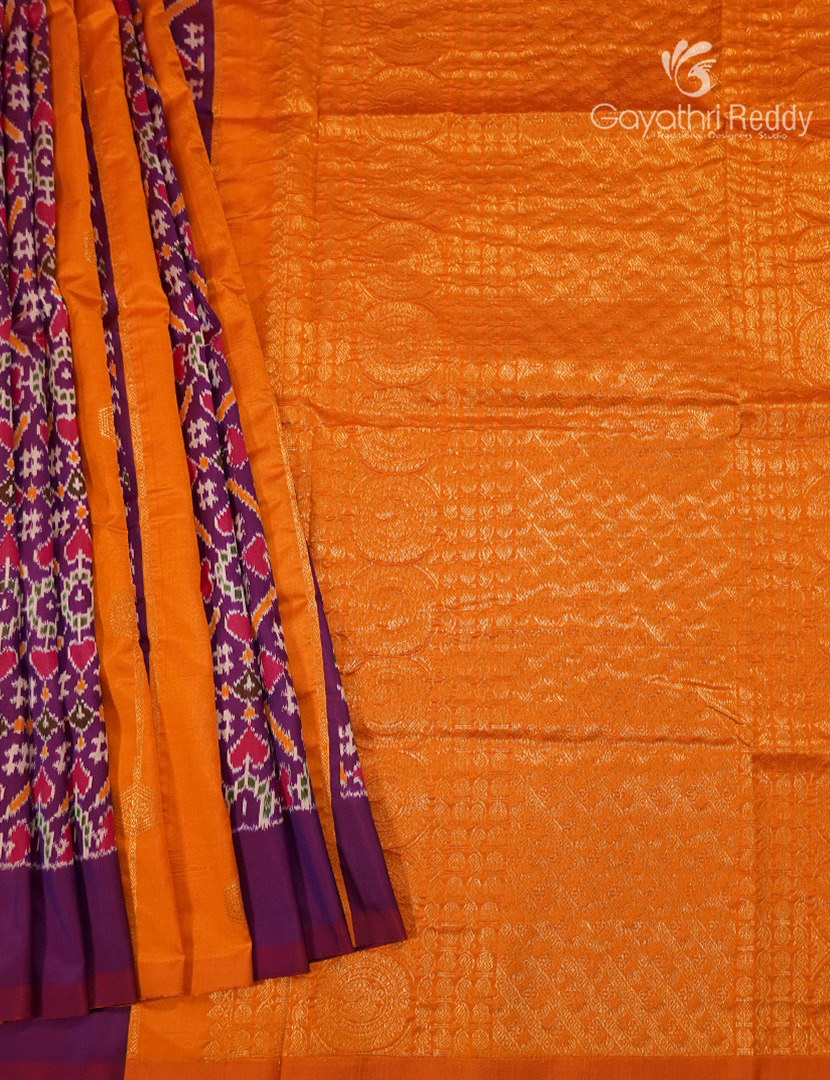 Pure Ikat Silk Saree in Orange and Purple