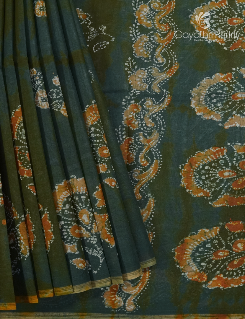 Cotton Batik Print Saree in Deep Peacock Green