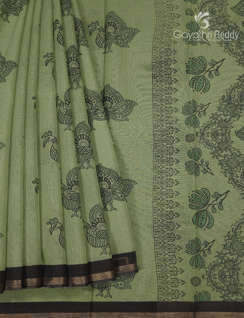 Premium Quality Cotton Kota Saree in Sage Green and Black