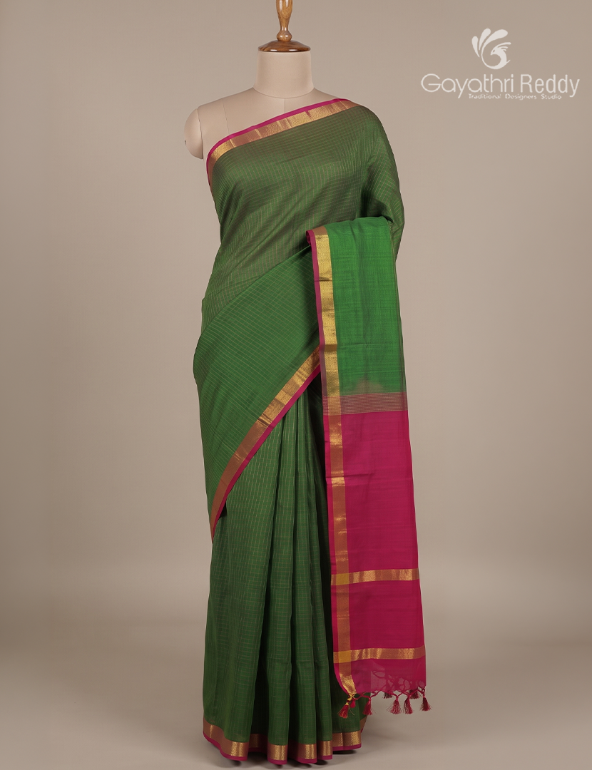 Pure Arani Sico Saree in Parrot Green and Rani Pink