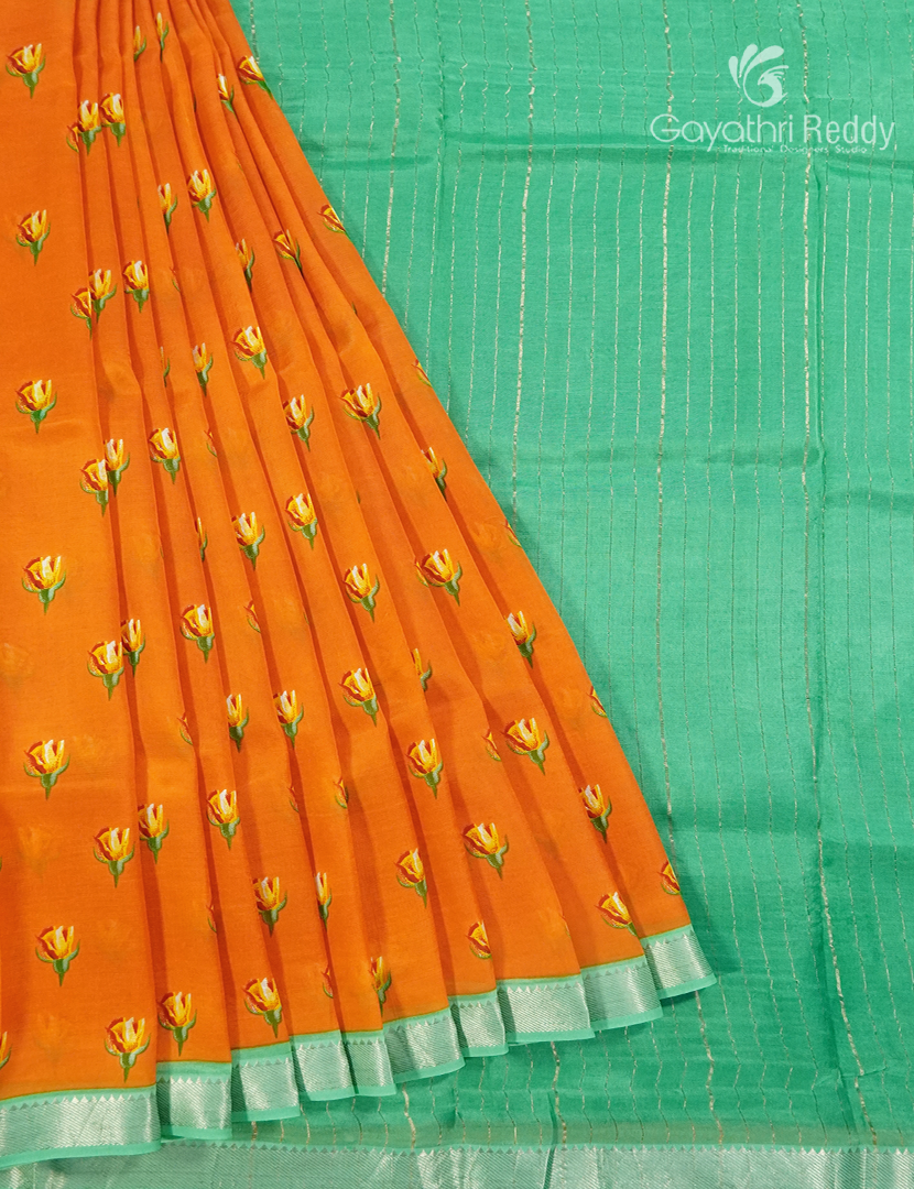 Mangalagiri Pattu Saree in Orange and Sea Foam Green