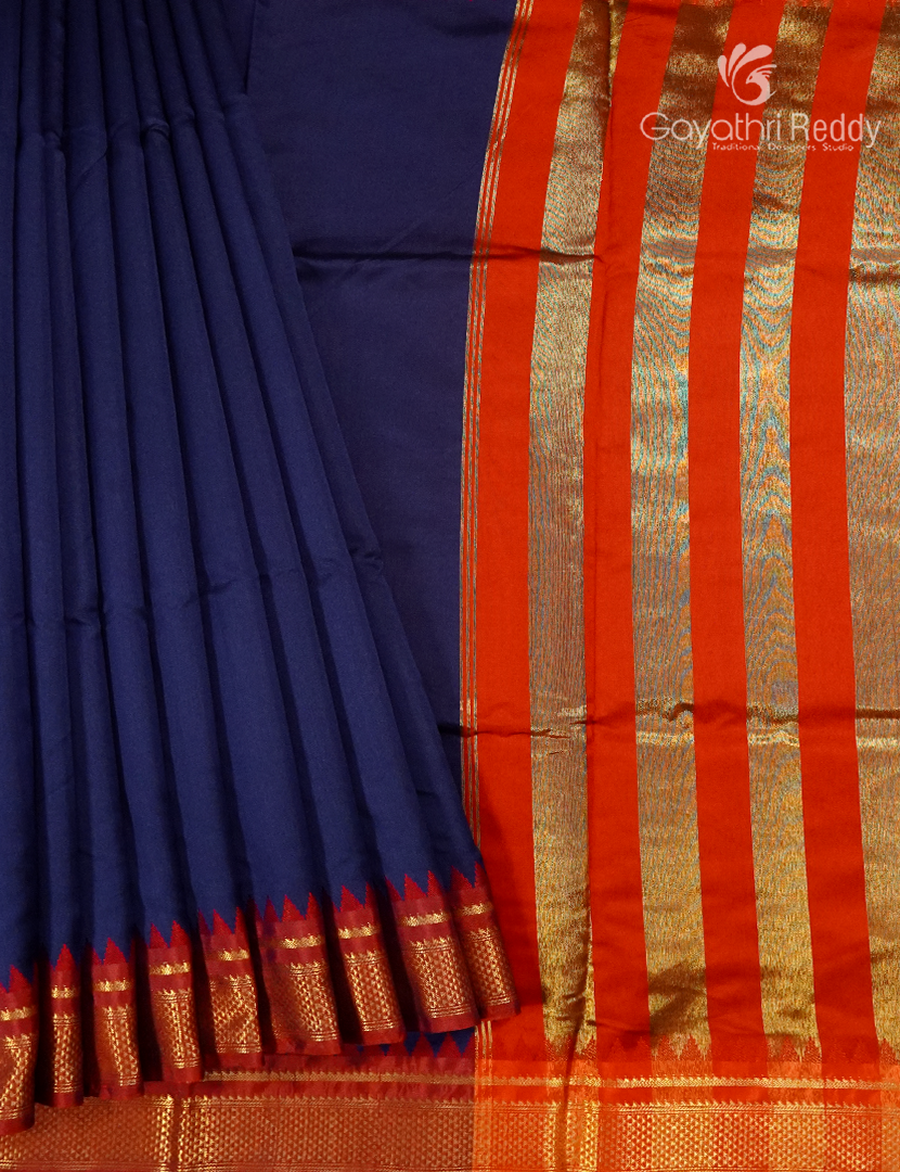 Semi Gadwal Saree in Deep Navy Blue and Red