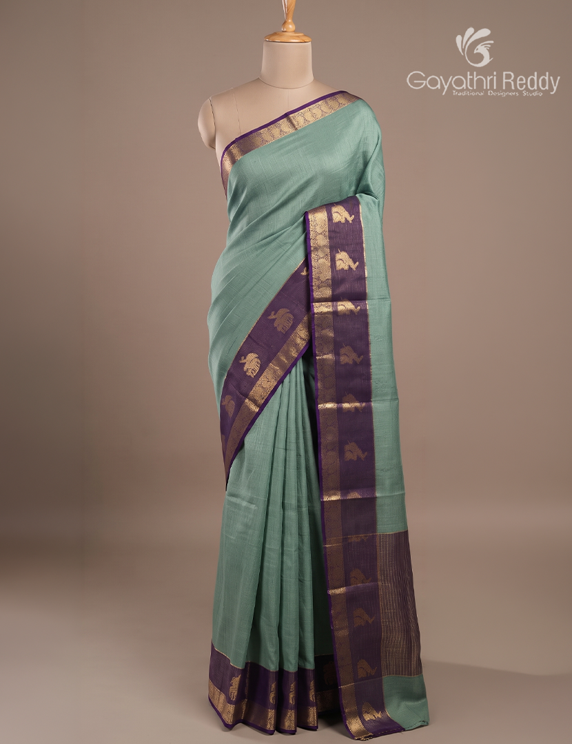 Semi Mysore Silk Saree in Sage Green and Navy Blue