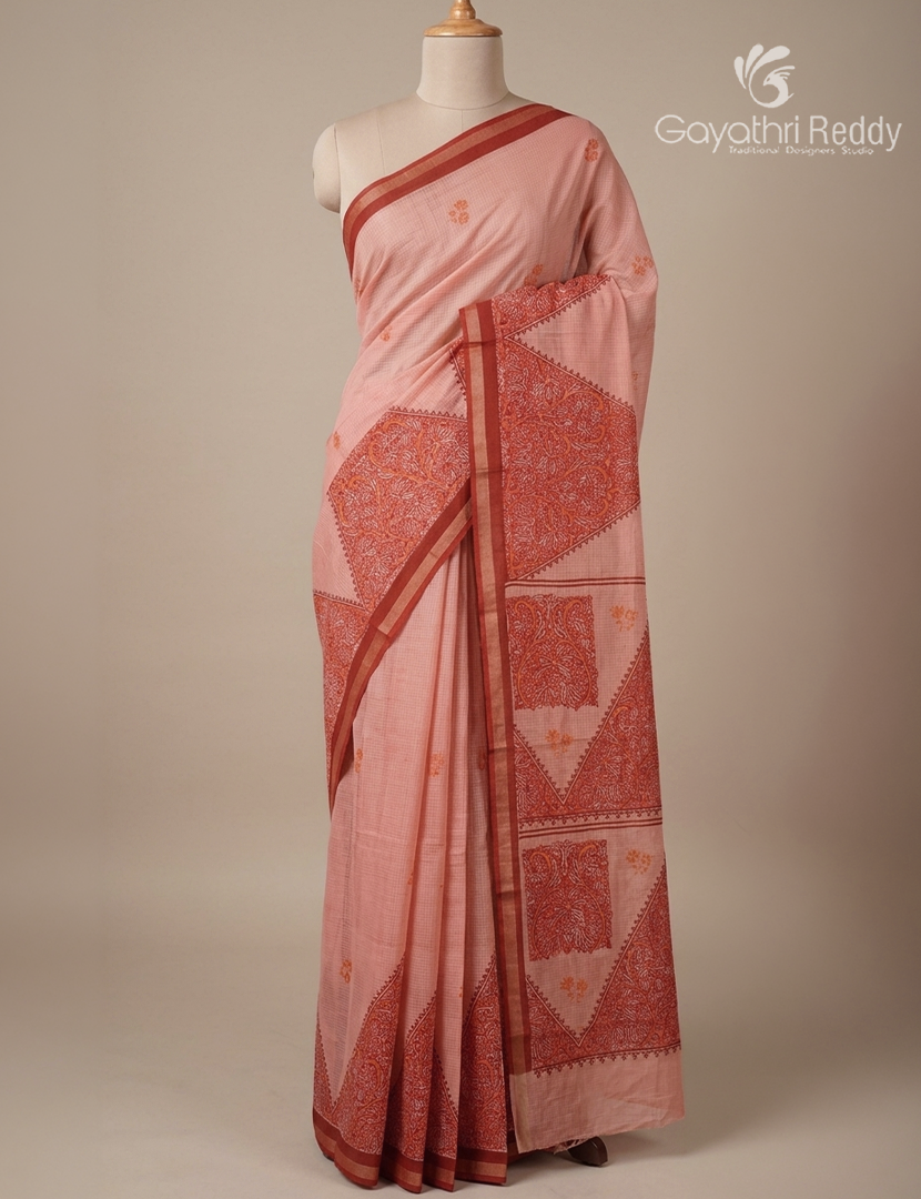 Premium Quality Cotton Kota Saree in Light Peach and Maroon