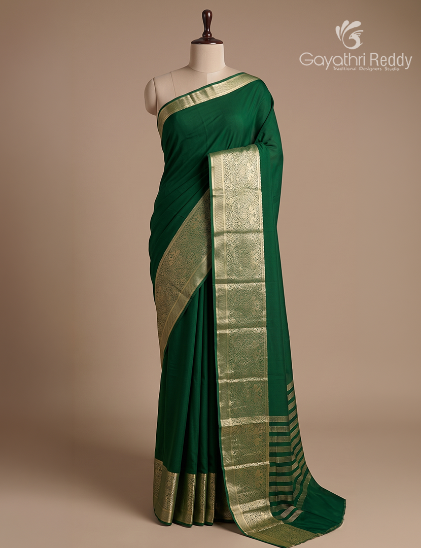 Semi Mysore Crepe Saree in Bottle Green