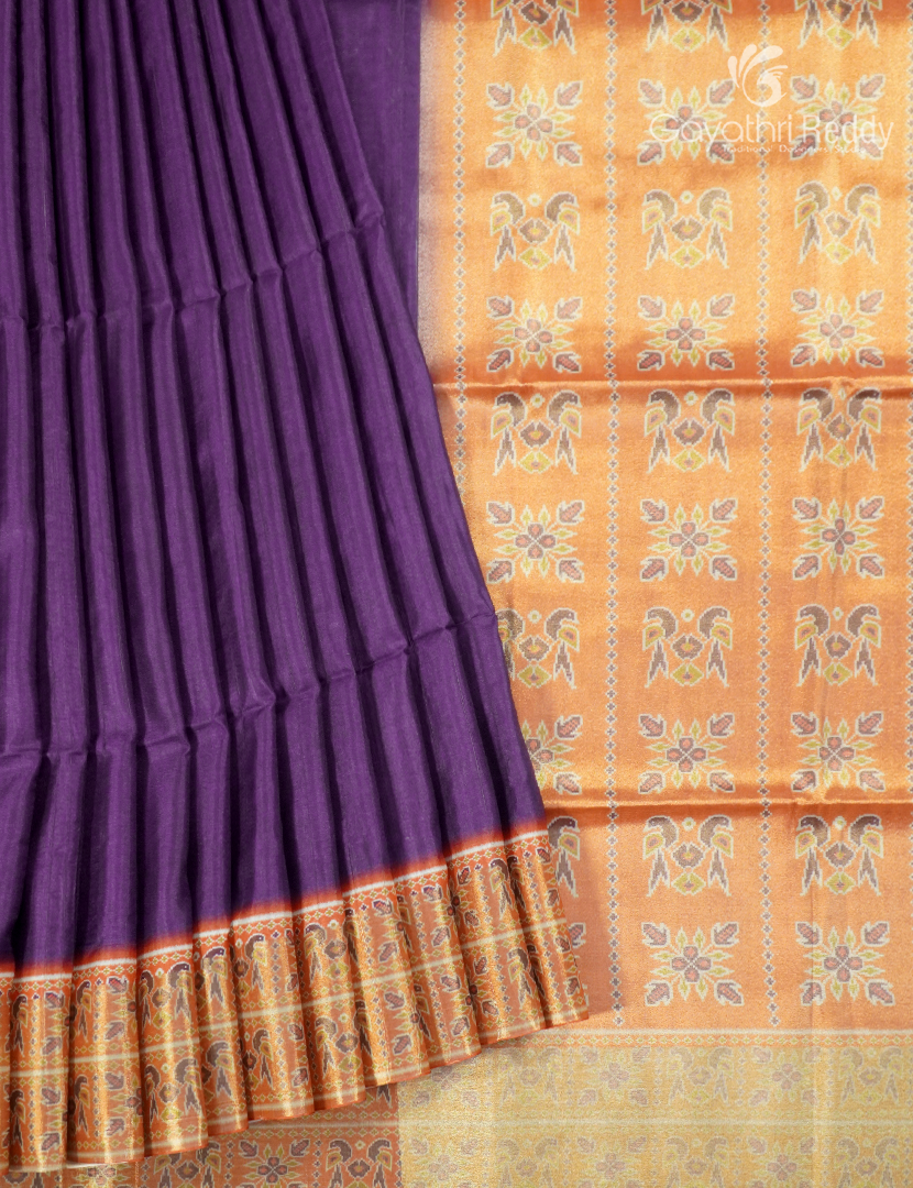 Semi Tussar Saree in Deep Violet and Pastel Peach