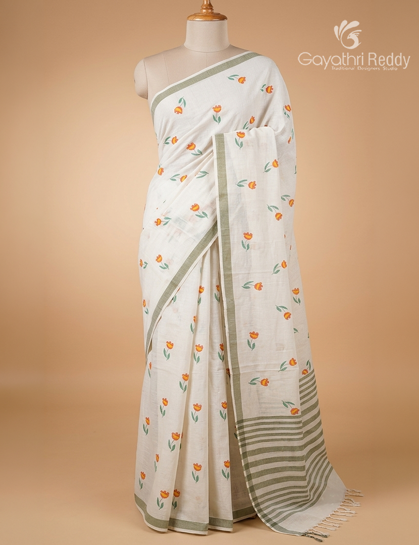 Pure Kanchi Cotton Printed Saree in Ivory and Grey