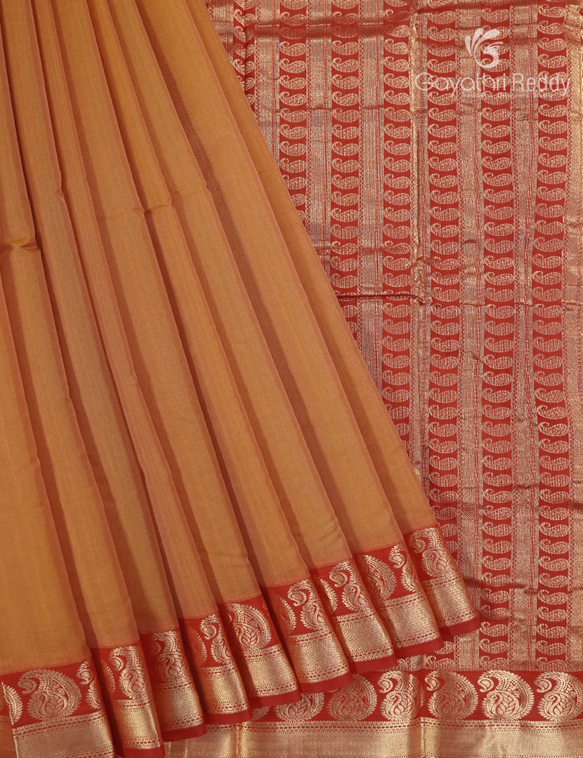 Pure Kanchipuram Sico Saree in Mustard and Red