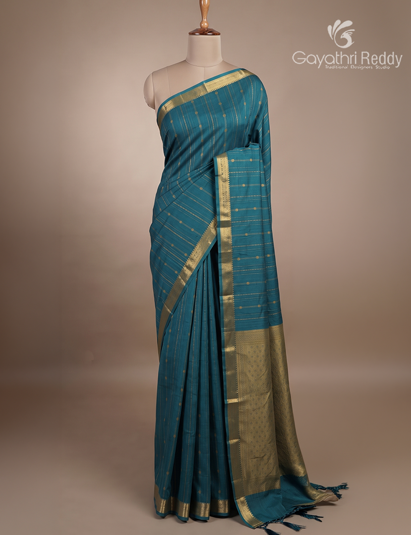 Pure Kanchi Cotton Saree in Deep Peacock Blue