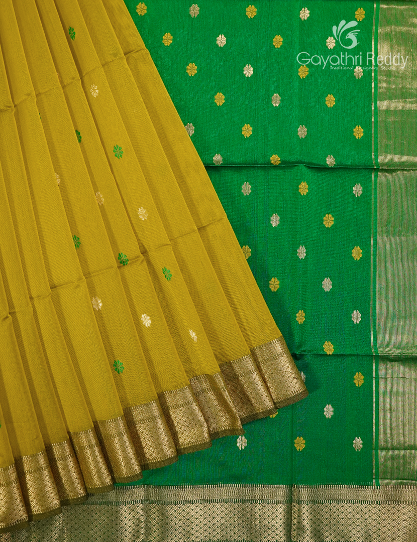Pure Chanderi Sico Saree in Deep Mustard and Parrot Green