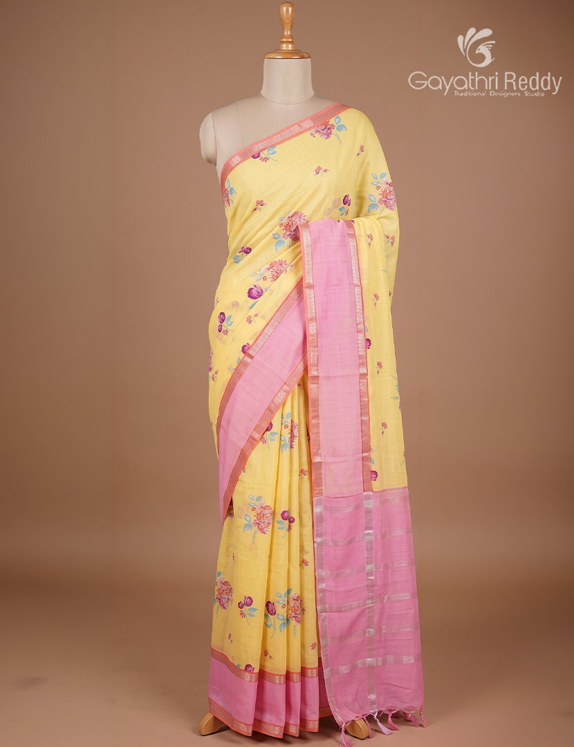 Mangalgiri Printed Saree in Pastel Yellow and Baby Pink