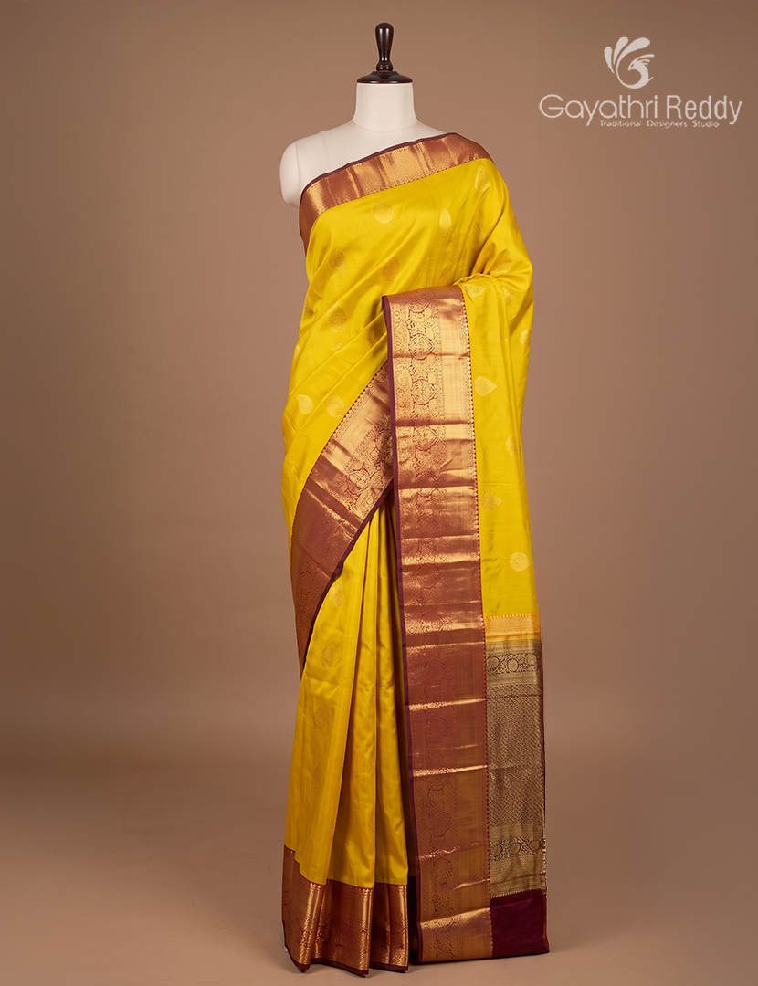 Semi Kanchipuram Silk Saree in Lime Yellow and Deep Brown