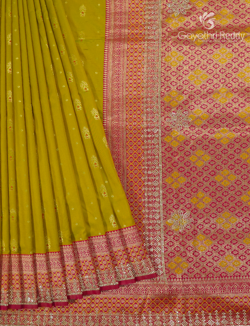 Semi Kanchipuram Silk Fancy Saree in Mehendi Green and Rust